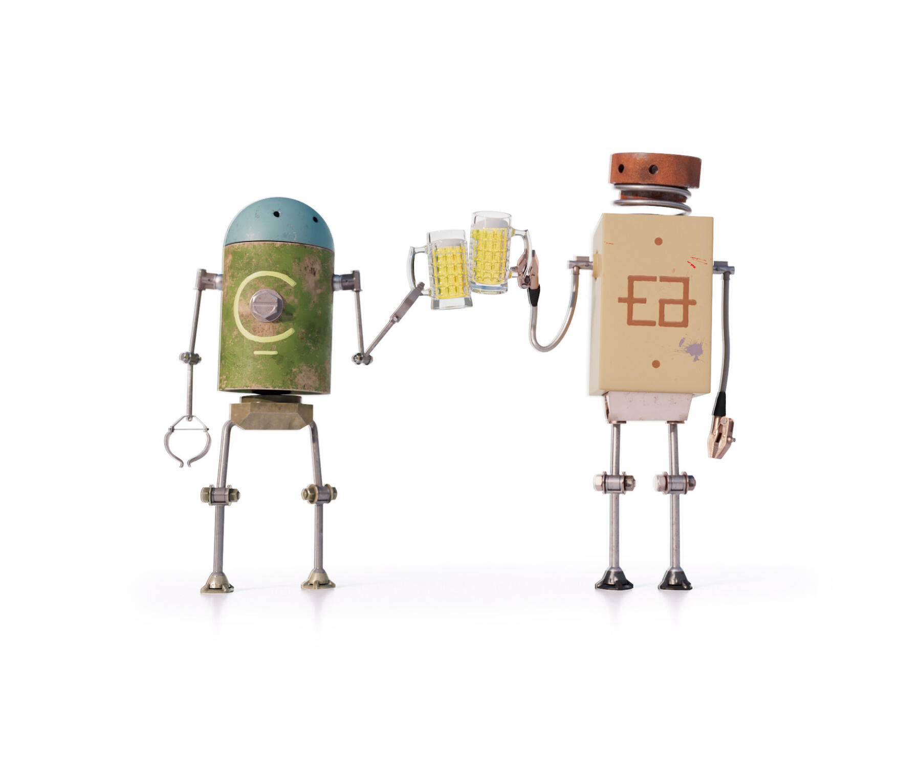 3d rendered makeshift humanoid robots clinking together glasses of beer